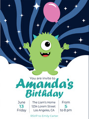 Vector illustration of monster standing in outer space with rocket and planets in the background.Creature in galaxy. Birthday party, celebration, congratulations, invitation concept . EPS 10