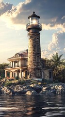 Fototapeta premium Coastal Lighthouse with House at Sunrise
