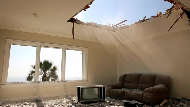 Sunlight beams through a large hole in the ceiling of an abandoned living room with a broken TV and palm trees outside the window

