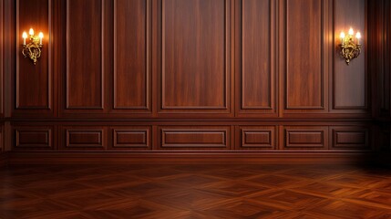 Elegant wooden interior with ornate wall sconces, showcasing rich textures and classic design