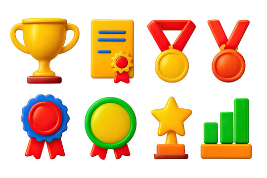 3D icon set of school competition items: trophy, certificate, gold medal, bronze medal, ribbon, participation badge, award, leaderboard. 3d icon.
