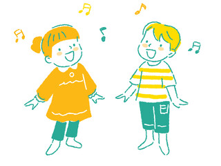 元気に楽しく歌を歌う男女の子どものイラスト　手描きタッチ