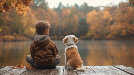 A young child and their canine companion sit side - by - side on a dock gazing out at a serene lake surrounded by autumnal foliage in a tranquil scene of companionship