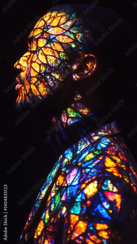 Leinwandbilder Man's Profile Illuminated by Abstract Colorful Patterns - Striking Contrast of Light and Shadow