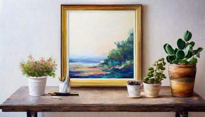 Golden framed coastal landscape painting displayed on a rustic wooden table with potted plants and art supplies