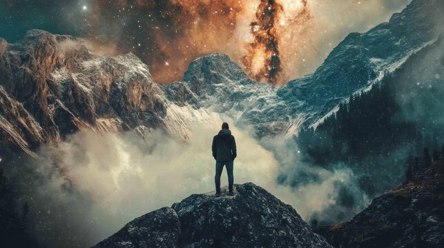 Silhouette of hiker standing on peak with cosmic sky background