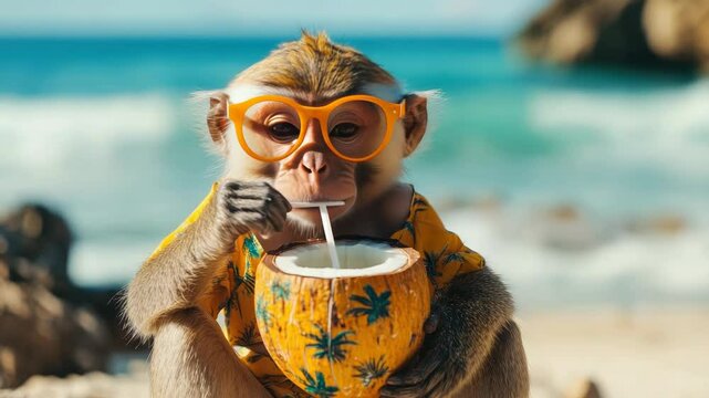 Playful capuchin monkey in colorful Hawaiian outfit and stylish sunglasses, enjoying a refreshing coconut drink on a sunny tropical beach