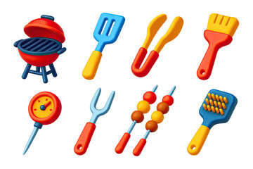 3D icon set of grilling tools: grill, spatula, tongs, basting brush, meat thermometer, grill fork, skewers, grill brush. 3d icon.    Isolated