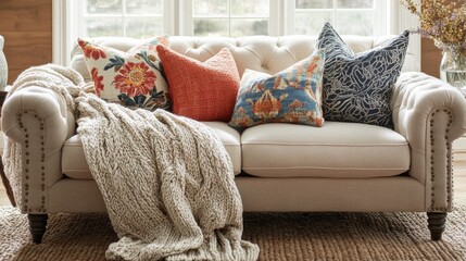 Inviting living room scene featuring a neutral-toned sofa adorned with vibrant decorative pillows and a cozy knit throw, bathed in
