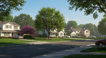 Fototapeta premium Serene Suburban Street Peaceful Neighborhood Homescape Illustration