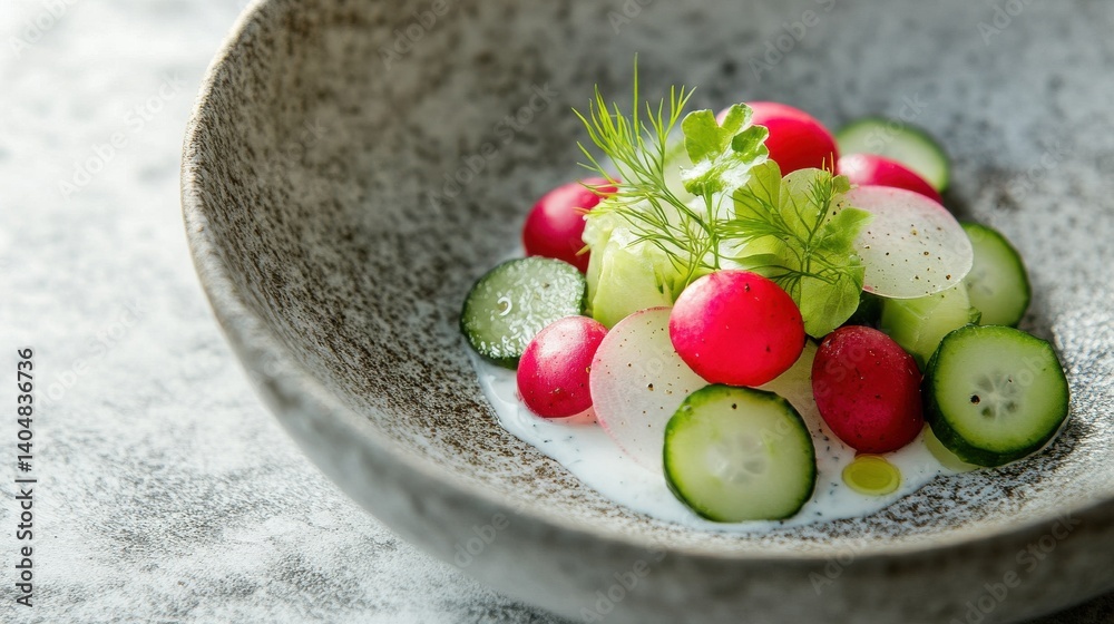 Poster fresh radish and cucumber salad with dill yogurt dressing in elegant bowl