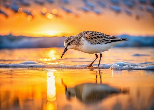 Sandpiper at Sunset on the Beach: A solitary sandpiper stands on the wet sand at the ocean's edge, silhouetted against a breathtaking sunset. The warm, golden light reflects on the water.