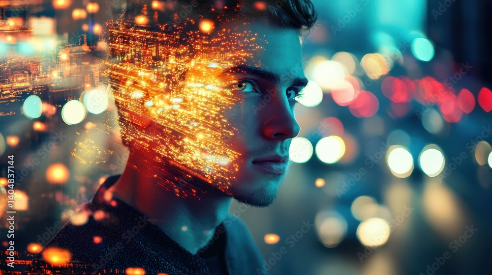 Leinwandbilder Man's face illuminated with city lights, overlay effect creating a glowing appearance against bokeh background