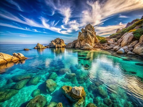 Crystal Clear Mediterranean Cove: A secluded cove with unbelievably clear turquoise water, revealing smooth rocks and vibrant marine life beneath the surface, framed by rugged.