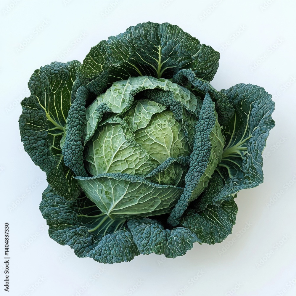 Poster a fresh head of green cabbage with visible leaves creates a textured, organic pattern on white backg