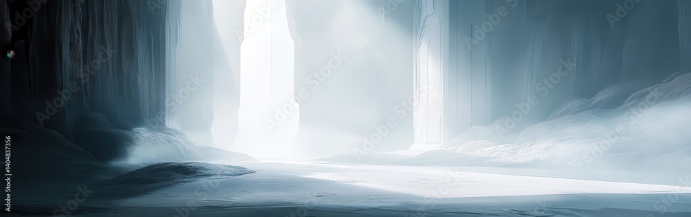 Poster ethereal white futuristic environment with stark light and linear vertical structures creating a sur
