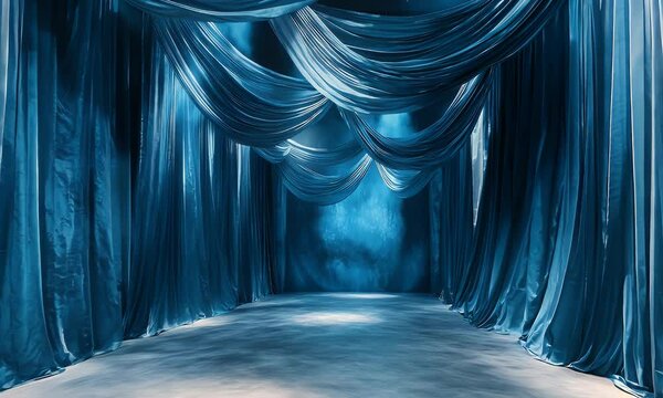 Luxurious stage curtains with deep folds and dramatic lighting