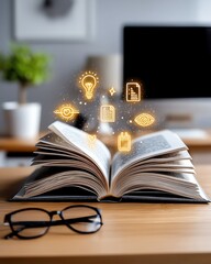 The 7 Habits of Highly Effective people An open book with glowing icons symbolizing knowledge and creativity in a modern workspace.