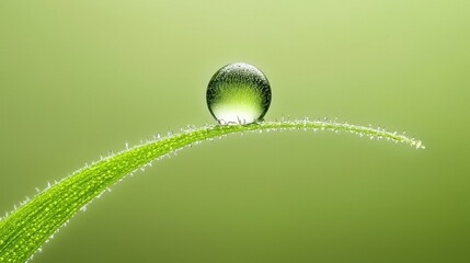A single water droplet rests on a blade of grass.