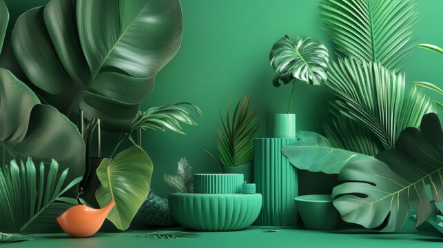 Green themed ceramic dishes and decor on tropical backdrop