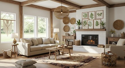 Fototapeta premium Cozy Farmhouse Living Room: 3D Render of a Sunlit Interior Design AI Generated