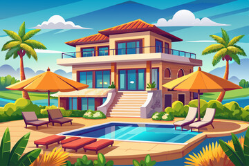 Fantastic private villa, terrace view with sunbeds under umbrellas, stunning summer style hotel with luxurious swimming pool. Beautiful spa or wellness, recreational tourism.