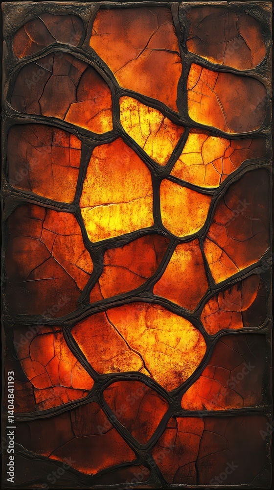 Poster rusted metal texture with glowing amber and deep cracks forming a stone-like pattern in rich copper 