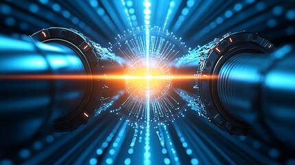 Futuristic technological tunnel with central data sphere.