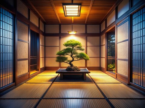 Tranquil Bonsai Room: An exquisite bonsai tree sits as the centerpiece in a serene Japanese-style room, illuminated by soft, ambient lighting, creating an atmosphere of peace and mindfulness.