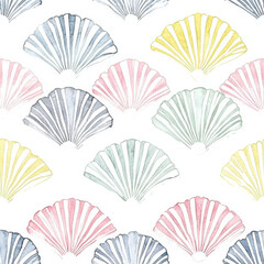 Watercolor fan shaped patterns in pastel hues create seamless geometric background with soft and elegant aesthetic