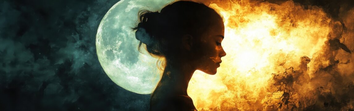 Ethereal Beauty: A Woman Bathed in the Contrasting Lights of Moon and Fire - Silhouette Portrait of Serenity and Reflection