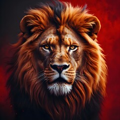 Fototapeta premium A majestic lion's portrait, conveying intense focus, with a fierce and powerful expression, set against a bold, dark red background that accentuates its fierce demeanor.