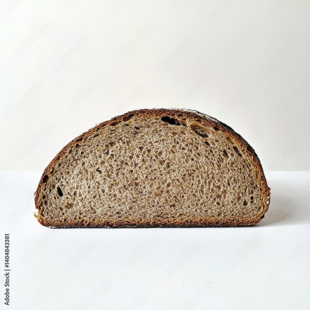Poster half slice of dark rye bread with rustic texture and rich color on white background for food photogr