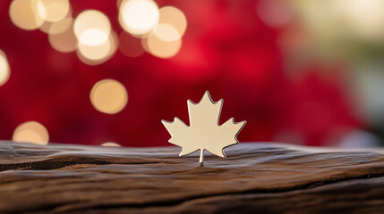 Glowing maple leaf pendant on rustic wood, warm sunlight and soft bokeh, embodying Canadian pride and serenity