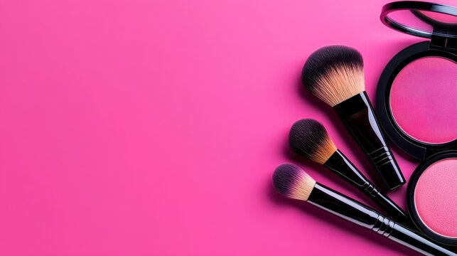 A vibrant display of makeup brushes and blush on a bright pink background, ideal for beauty content