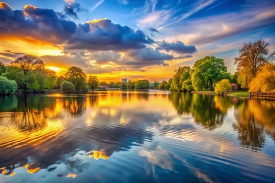 Golden Hour Reflection: A breathtaking landscape captures the serene beauty of a tranquil lake mirroring a vibrant sunset sky painted with golden hues and dramatic clouds.