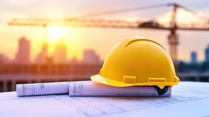 A yellow hard hat rests on blueprints, with a construction crane and sunset in the background, symbolizing the construction industry.