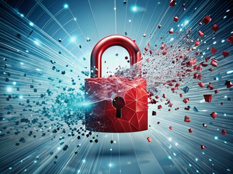 Cybersecurity Breach Concept: A red lock symbol is dramatically breaking apart, symbolizing a cybersecurity breach or data leak.