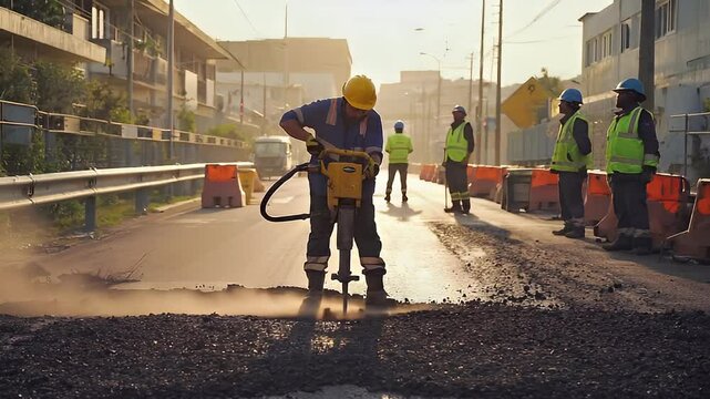 Workers using a jackhammer on a road construction site during sunset.