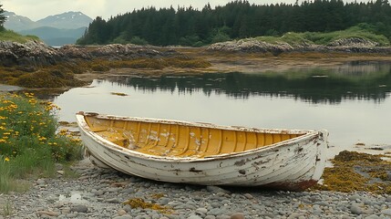 Tranquil, weathered rowboat rests on a Scottish shoreline.