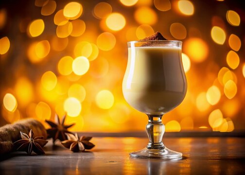 Warm Holiday Drink: A festive and creamy eggnog, dusted with cinnamon, sits in an elegant glass, set against a backdrop of shimmering golden bokeh lights.