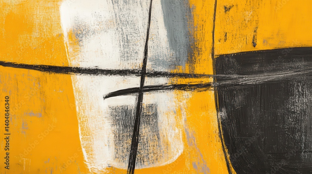 Aufkleber abstract muted ochre and gray brush strokes intersect with black lines on textured canvas