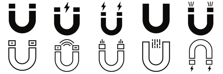 Set of  magnet icon set. Linear horseshoe magnet symbol. Electromagnetic sign in circle of  Vector illustration  