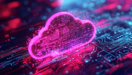 Cloud computing technology.  Circuit board with glowing cloud graphic