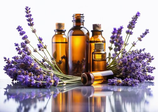 Lavender Essential Oil Bottles with Lavender Sprigs: A collection of amber glass bottles filled with lavender essential oil, artfully arranged with fresh lavender sprigs.