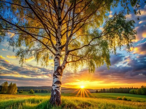 Birch Tree at Sunset: A majestic birch tree stands tall in a golden meadow, its delicate leaves catching the last rays of the sun as the sky ignites with color.