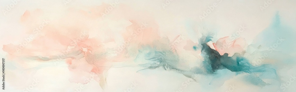 Poster ethereal watercolor composition in pastel pink and teal tones, creating a soft and dreamy abstract l
