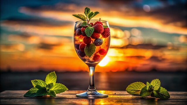Berry Cocktail at Sunset: A refreshing berry cocktail, adorned with mint and garnished with fresh berries, rests on a wooden surface against a breathtaking sunset sky.