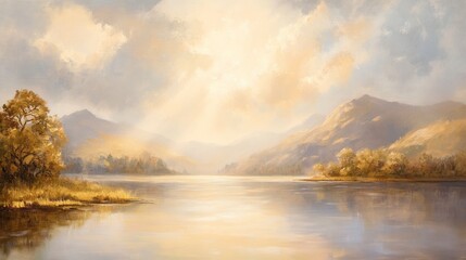 Obraz premium Serene Lakeside Vista, Golden Light Embraces Mountains and Reflective Waters