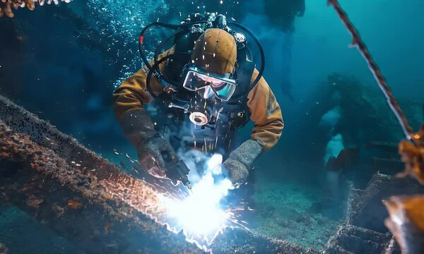diver in a full wetsuit performing underwater welding and maintenance on a structure